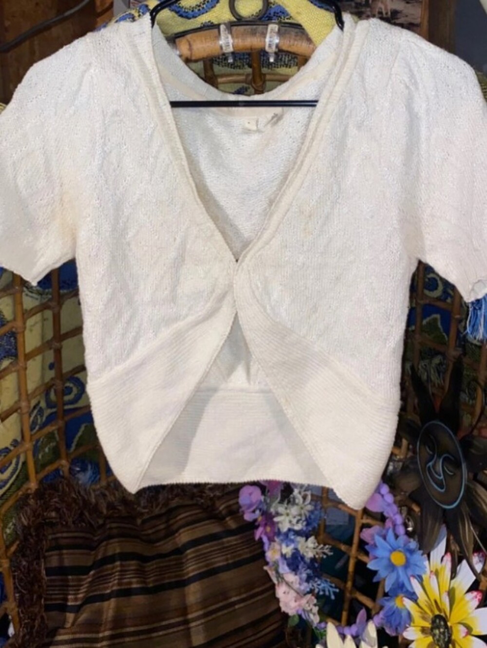 Moth by Anthropologie Open Knit Cropped Wrap Shrug Sweater Twist Bolero Cream